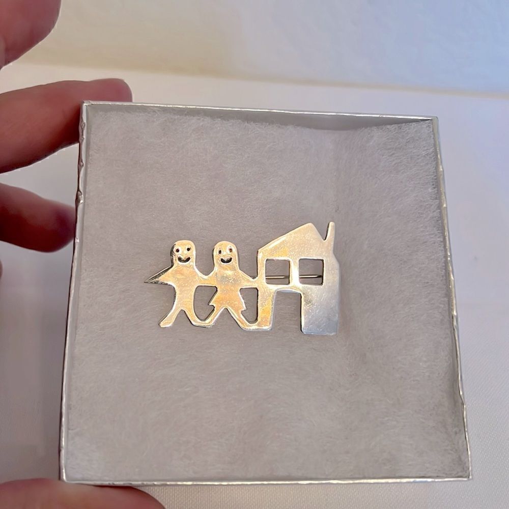 House and Children Sterling Silver Brooch